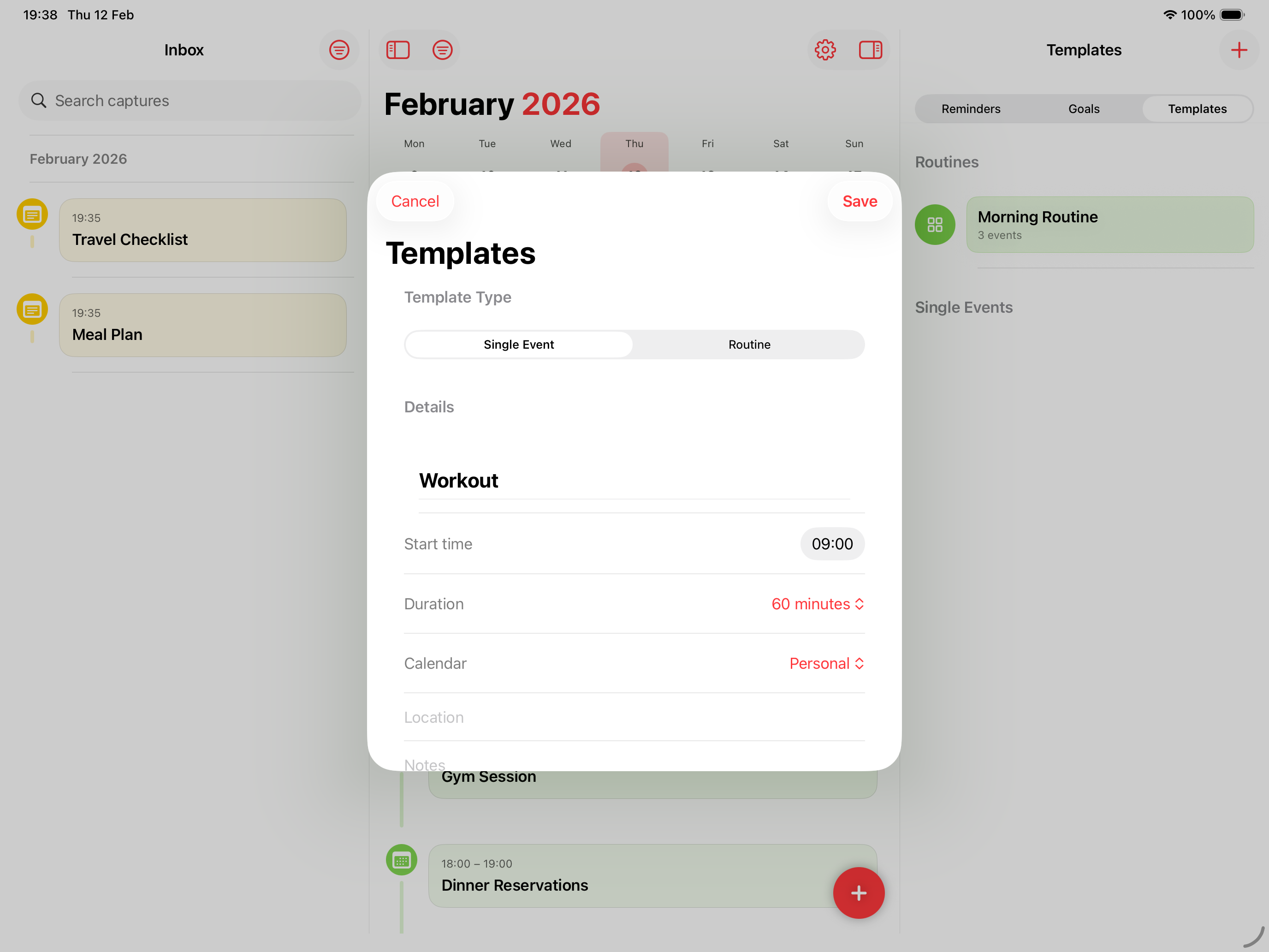 InRo on iPad showing the Templates modal for creating a Workout routine, with Morning Routine visible in the Templates panel